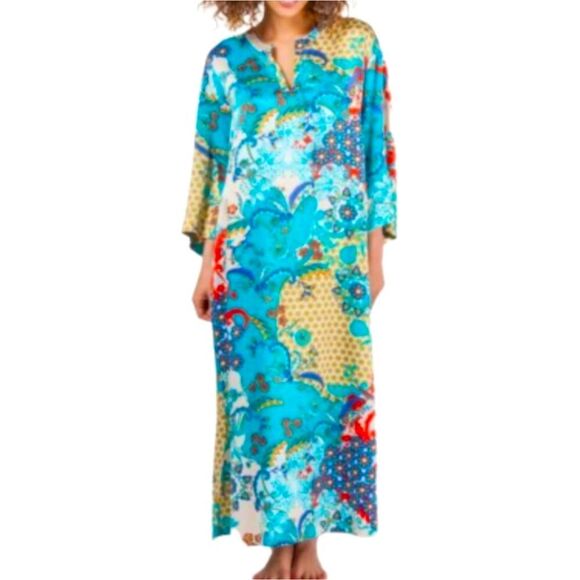 Vintage Natori Vibrant Dynasty Floral Caftan Dress - Picture 1 of 7